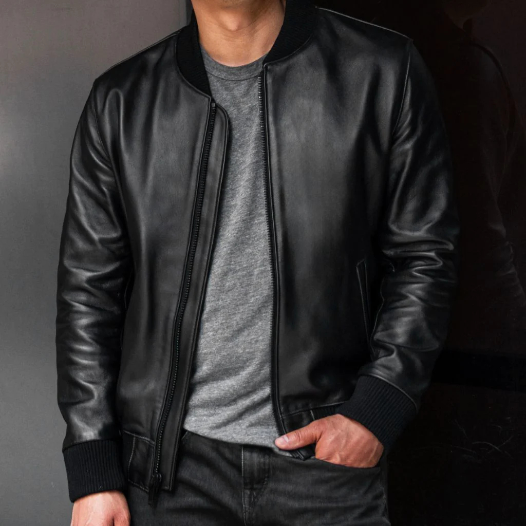 Men’s leather bomber jacket – Black Versatile and Handsome插图4