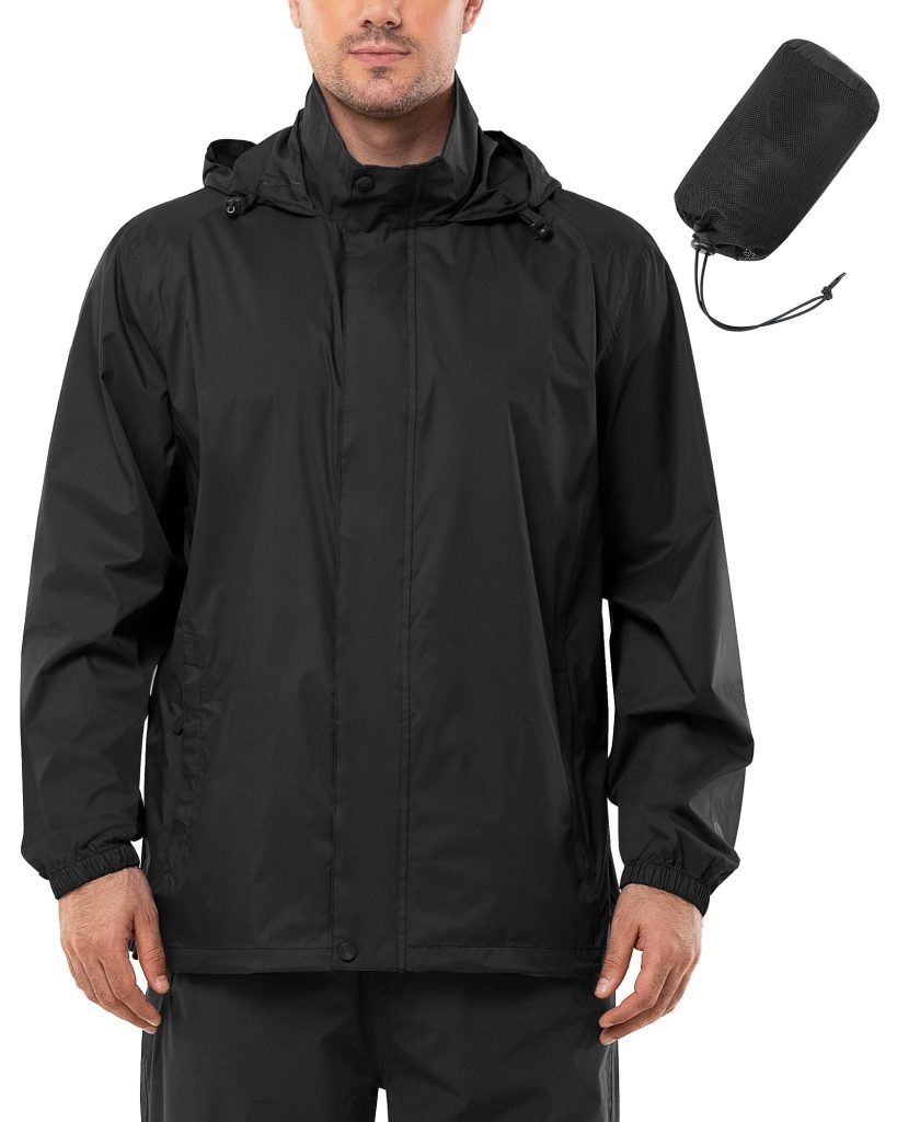 Men's rain jacket with hood is a versatile and essential piece of outerwear designed to provide protection from the elements while